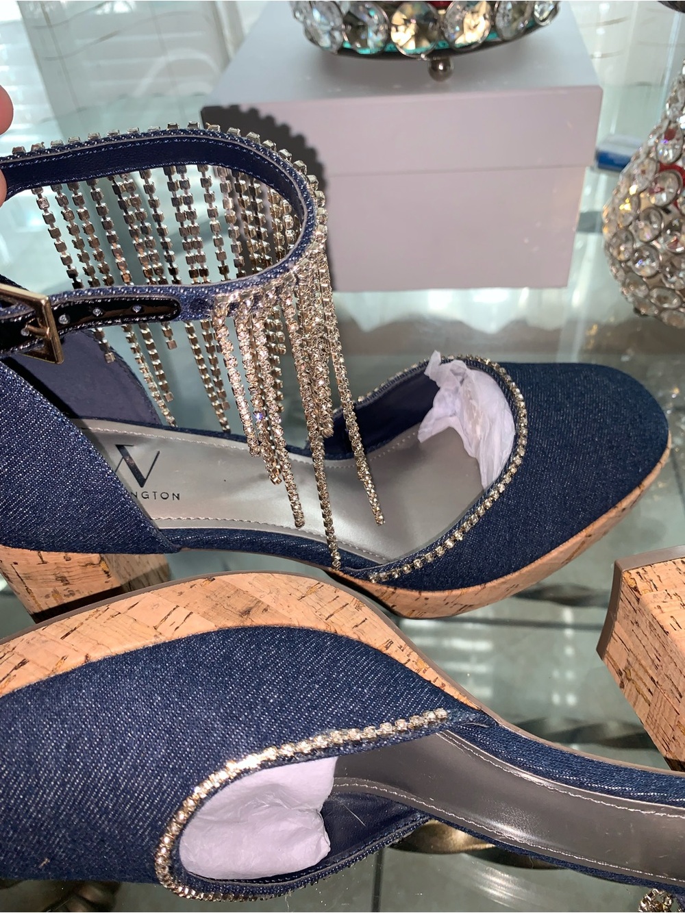 Worthington Navy Denim Wedge Platforms with Crystal Fringe